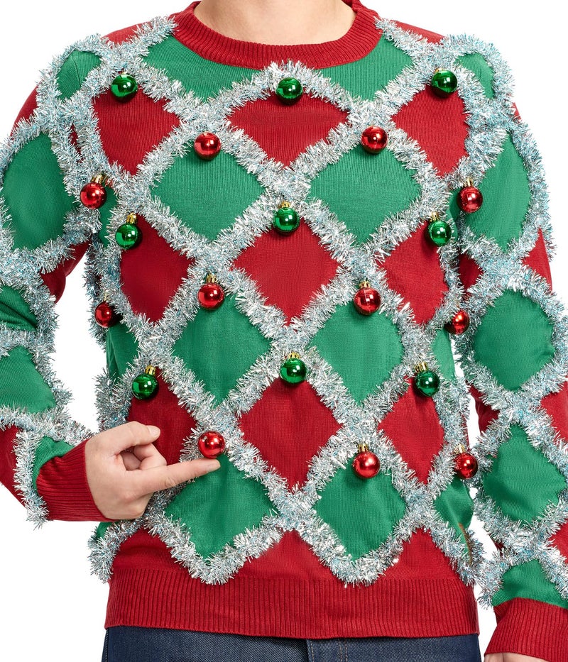 Tipsy Elves Men's Ugly Christmas Sweaters - Funny and Tacky Embellished Christmas Sweaters for Men - Red and Green Tacky Tinsel Christmas Sweater with Silver Tinsel and Ornaments Size Small - Image 4